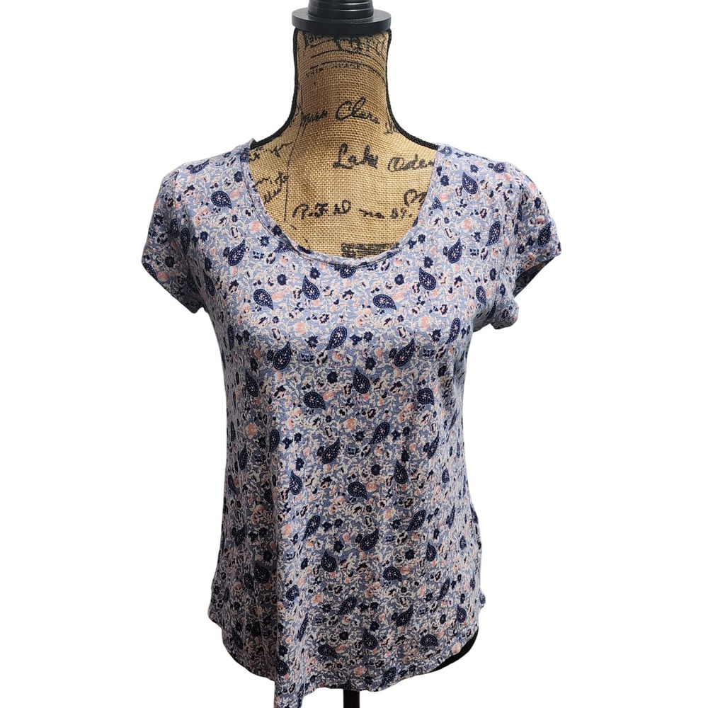 Lucky Brand Womens‎ S/P Paisley Print Short Sleeve Scoop Neck T Shirt Top Blue